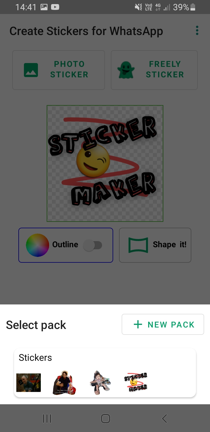 Choosing photo or freely-drawn sticker and selecting a pack